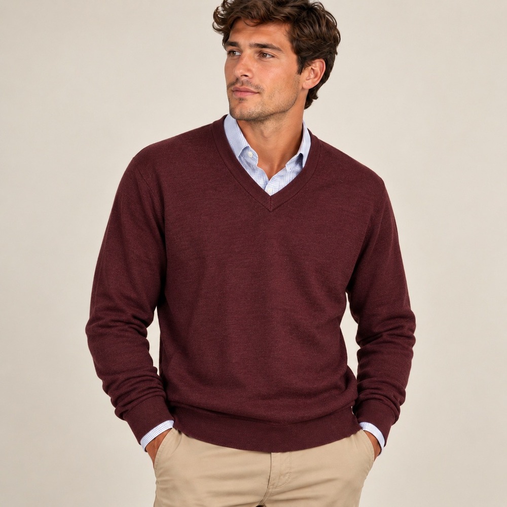 Brooks Brothers Mens XL Burgundy Merino Wool V-Neck Sweater Heather Red Knit SEE